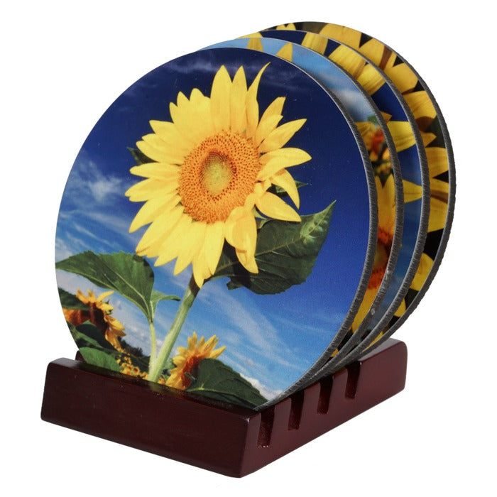 Round Hardboard Coasters. with Mahogany Holder (set of 4)